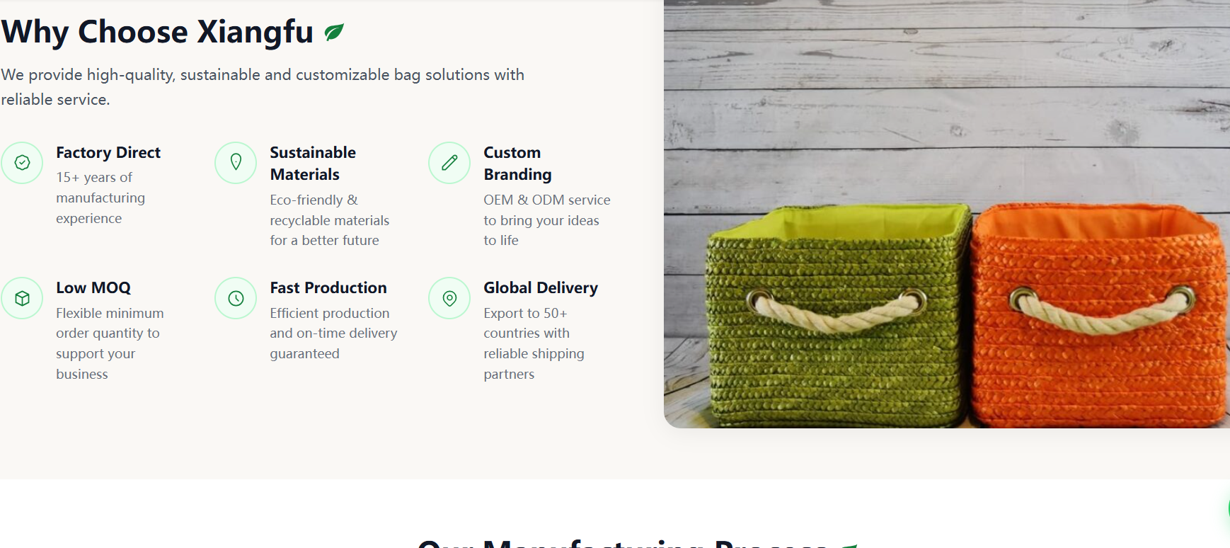 Green and orange eco-friendly woven storage baskets, ideal for home organization, customizable by Xiangfu manufacturer.