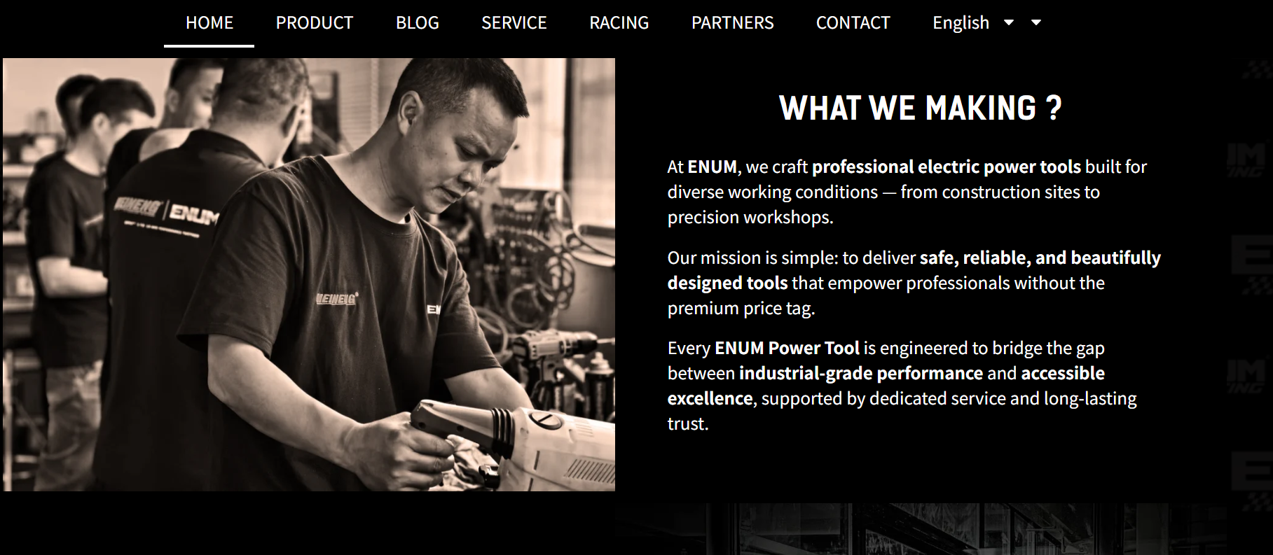 ENUM factory technicians assembling professional electric power tools for industrial-grade performance