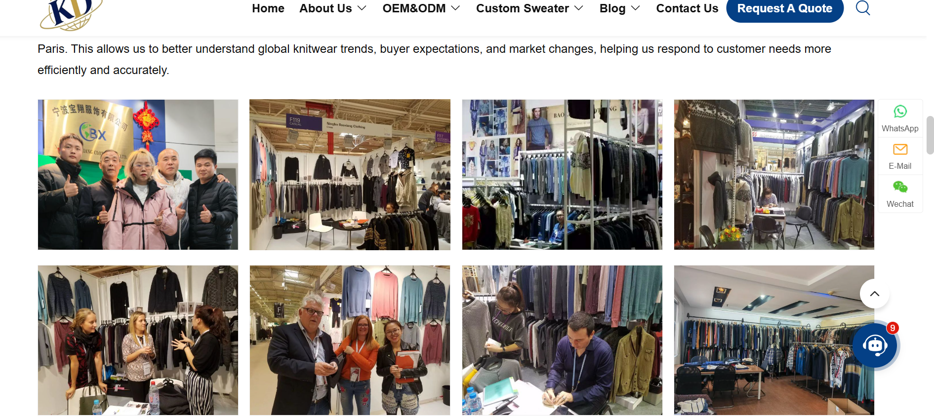 Kaida Apparel team at Ningbo Baoxiang Clothing exhibition booth showcasing custom knitwear services.
