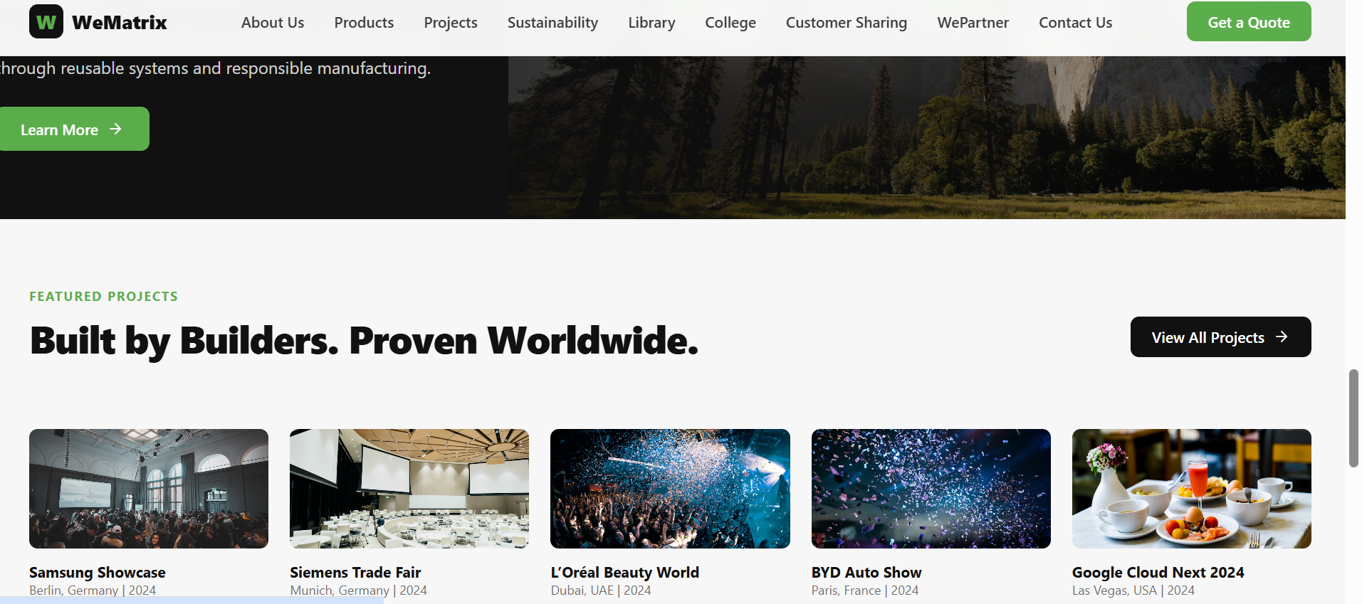WeMatrix featured projects showcase featuring Samsung, Siemens, L'Oréal, BYD and Google Cloud exhibitions.